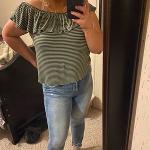 Striped green off the shoulder tee